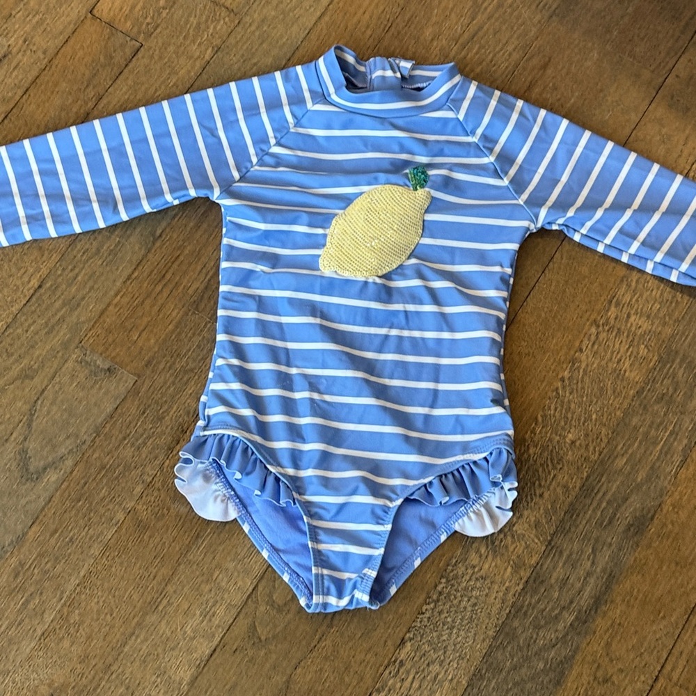 Blue Bathing Suit, White Stripes With Lemon